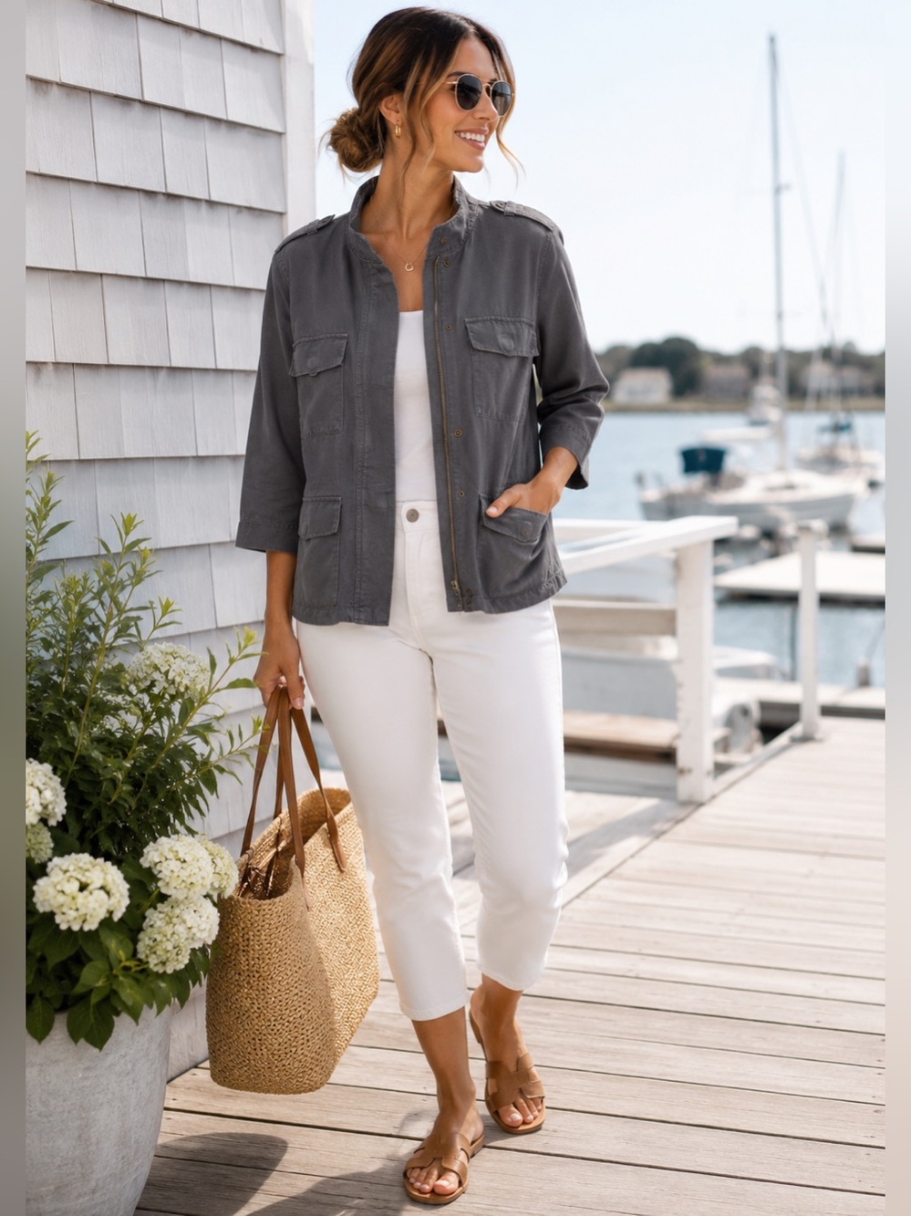 LOFT Gray Linen Blend Utility Jacket Military Style Size Medium